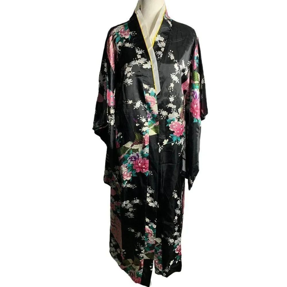 Satin Peacock Full Length Robe L Black Floral Kimono Sleeve White Collar Lined